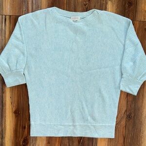 Kinross Cashmere Light Blue Ribbed Short-Sleeve Crew Sweater Small